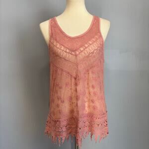 VTG Y2K Boho Chic Pink Lace Crochet Fringe Hem Sheer Tank Top, Women's Size M